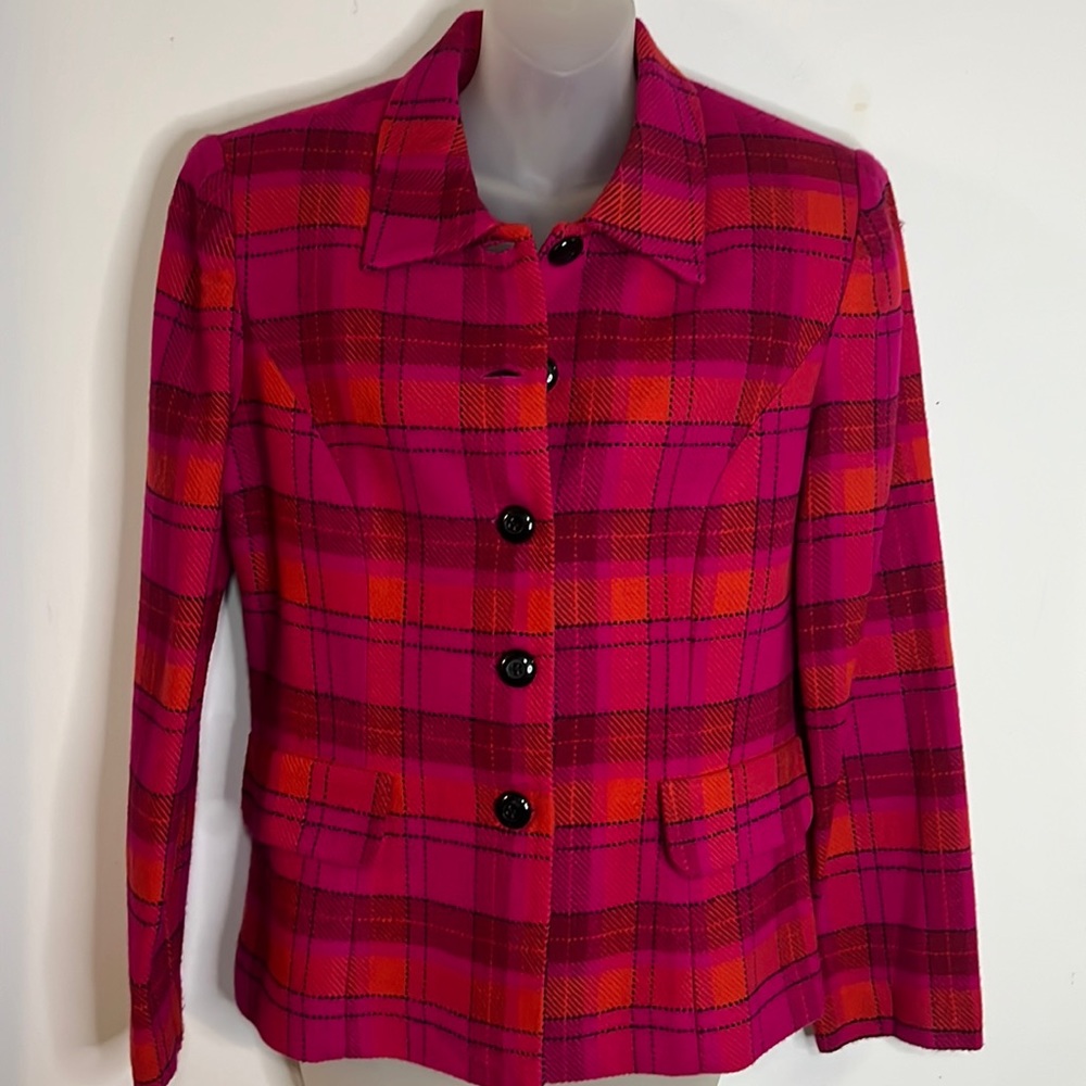 Jessica Howard Blazer Vintage Hot Pink Tartan Plaid Retro 80's Unlined Jacket
